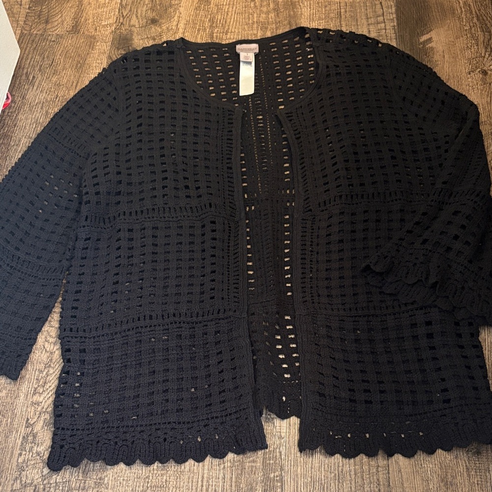 Chico's Black Openwork Crochet Cardigan Scallop Hem Boho Knit Lightweight Cover